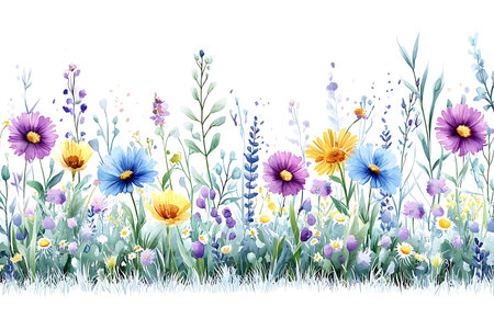 A stunning illustration of a vibrant floral meadow filled with diverse flowers and lush greenery. Perfect for spring and summer-themed designs.の写真素材