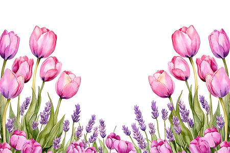 Vibrant pink tulips and fragrant lavender flowers create a charming arrangement on a white background, perfect for design projects and seasonal themes.の写真素材