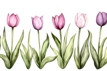 Beautiful watercolor illustration featuring tulips in soft shades of pink, purple, and white. Perfect for spring themes, floral designs, and nature-inspired projects.の写真素材