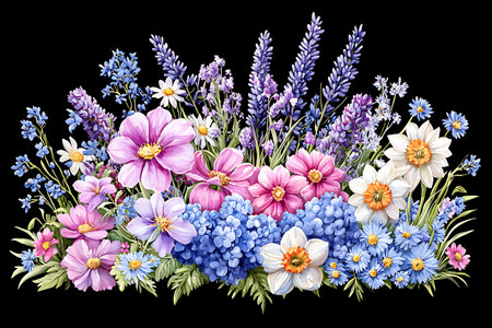 Beautiful floral arrangement featuring a variety of wildflowers brilliantly colored against a black background, ideal for art and design projects.の写真素材