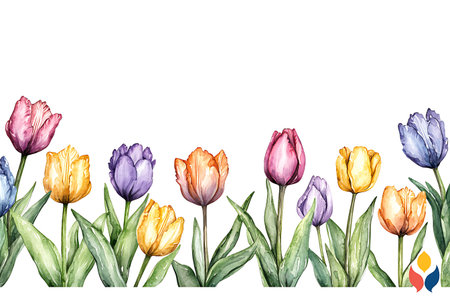 A stunning watercolor illustration of colorful tulips, capturing the essence of spring. Perfect for decorating homes, projects, or invitations with a fresh floral touch.の写真素材