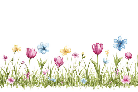 A beautiful floral illustration featuring various colorful flowers and vibrant green grass on a bright white background, perfect for spring themes.の写真素材