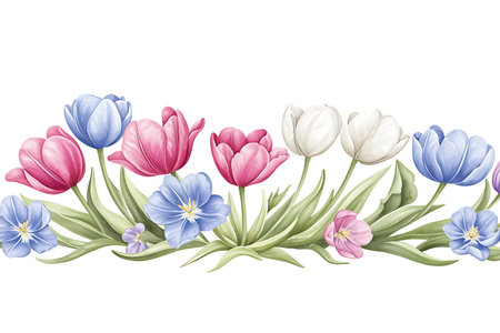This vibrant floral pattern showcases beautiful tulips and blue flowers, ideal for spring-themed designs, decor, and artistic projects, enhancing any space with natural elegance.の写真素材