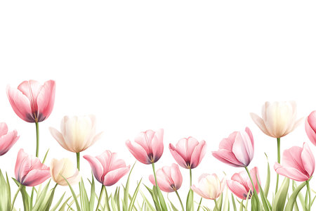This image features a beautiful arrangement of pink and white tulips blooming vibrantly against a clear white background, evoking feelings of spring and freshness.の写真素材