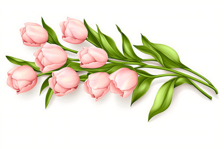 A beautiful illustration of pink tulips with lush green leaves, perfect for spring themes and floral decorations. Ideal for greeting cards or art prints.の写真素材