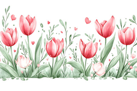 A beautiful watercolor illustration featuring vibrant pink tulips surrounded by leaves and soft hearts, perfect for spring-themed decor or greetings.の写真素材