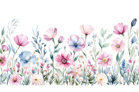 A vibrant watercolor floral design featuring various flowers and greenery on a white background, perfect for seasonal decor, invitations, and artistic projects.の写真素材