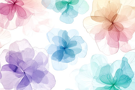 This image features soft and colorful floral patterns with transparent layers, creating a delicate and artistic feel suitable for various design projects.の写真素材