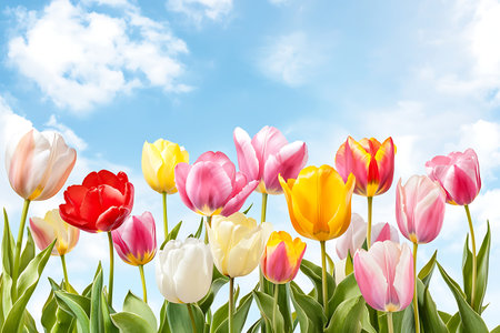 A vibrant display of colorful tulips in various shades under a bright sunny sky creates a cheerful and serene garden atmosphere. Perfect for spring themes.の写真素材