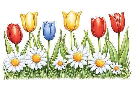 A vibrant illustration of colorful tulips and daisies showcases the beauty of nature. Perfect for spring themes, this image adds a cheerful touch to any project.の写真素材