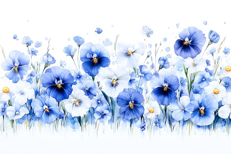 This stunning illustration showcases a vibrant array of blue and white pansy flowers, perfect for spring and summer themes. Bright and charming, it adds beauty to any project.の写真素材