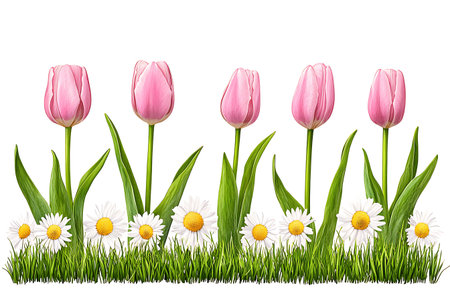 A beautiful arrangement of pink tulips and white daisies in fresh green grass, capturing the essence of springtime and vibrant blooms in nature.の写真素材