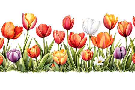 A stunning display of vibrant tulips in various colors blooming beautifully in a spring garden. This image captures the essence of nature's elegance and freshness.の写真素材