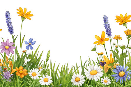 A stunning illustration of a vibrant wildflower meadow featuring various blooming flowers and lush green grass. Perfect for nature enthusiasts.の写真素材