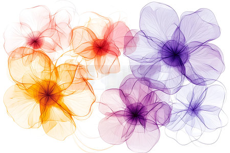 This artwork features delicate and colorful floral patterns with soft, translucent petals that create an ethereal and dreamy aesthetic. Perfect for modern decor.の写真素材