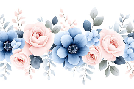 A beautiful pastel floral arrangement featuring soft pink and blue flowers with lush greenery. Ideal for decor, backgrounds, and creative projects.の写真素材