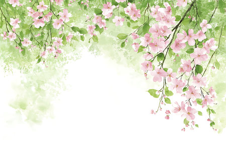 Beautiful watercolor painting featuring delicate pink flowers with soft green leaves, creating a serene and peaceful ambiance perfect for spring-themed decor.の写真素材