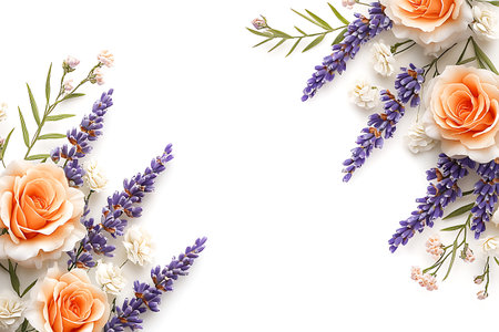 This image features a stunning floral arrangement of lavender and soft roses on a pristine white background, perfect for spring and summer themes.の写真素材