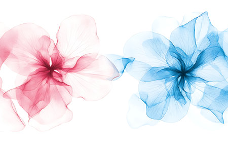 Exquisite abstract artwork featuring soft red and blue floral shapes that flow seamlessly, creating a tranquil and elegant background ideal for design projects.の写真素材