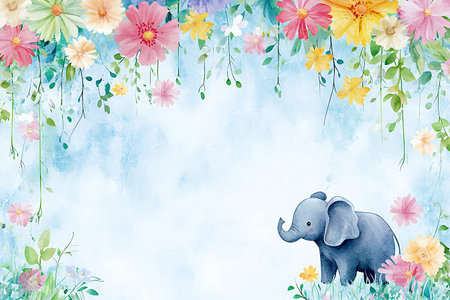 A charming illustration featuring a cute elephant amid a vibrant floral backdrop. This whimsical design creates a serene and joyful atmosphere, perfect for various creative projects.の写真素材