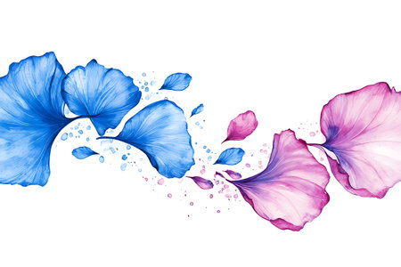 Stunning watercolor artwork featuring vibrant blue and pink flower petals with water drops, ideal for modern decor and artistic designs.の写真素材