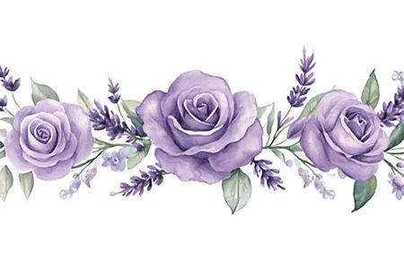 This beautiful watercolor illustration features soft purple roses and lavender, perfect for enhancing any elegant design or decoration.の写真素材