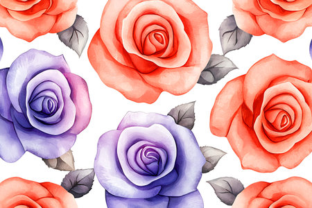 Beautiful watercolor roses in vibrant colors of red and purple create an elegant and artistic pattern suitable for various design projects.の写真素材