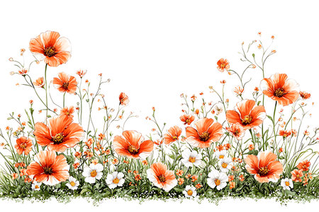 A stunning illustration of bright orange and white poppies mixed with wildflowers, creating a vibrant and charming floral arrangement perfect for nature lovers and art enthusiasts.の写真素材