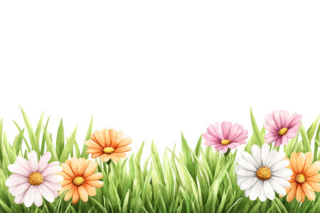 A stunning floral meadow featuring vibrant flowers in pink, orange, and white hues, surrounded by lush green grass against a clean white background. Perfect for nature-themed designs.の写真素材