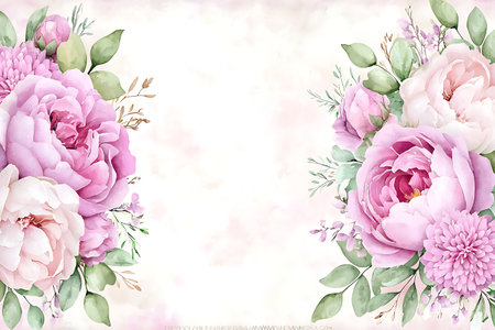 A stunning watercolor frame featuring soft pink flowers and lush greenery, perfect for invitations, greeting cards, and elegant stationery designs.の写真素材