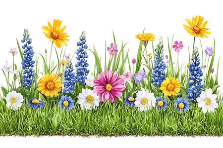 A stunning depiction of a vibrant flower meadow filled with colorful blossoms surrounded by lush green grass. Perfect for capturing the essence of nature and spring.の写真素材