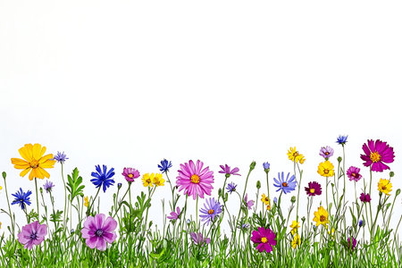 A vibrant meadow adorned with various colorful flowers set against a clean white background, perfect for nature-themed designs and cheerful displays.の写真素材