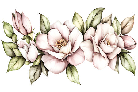 A beautiful illustration of pink magnolia flowers with delicate leaves. Perfect for decor, print, and artistic projects, enhancing any design with its elegance.の写真素材