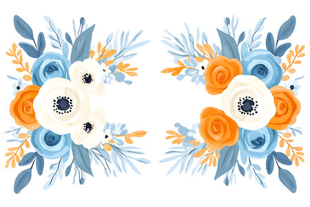 Beautiful floral arrangement featuring a mix of blue, orange, and white flowers on a clean white background. Perfect for various design projects.の写真素材