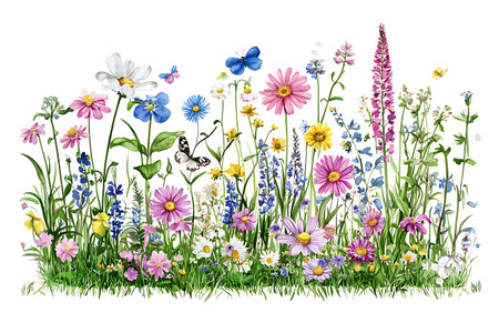 A vibrant and colorful illustration of a wildflower meadow filled with various blooms and butterflies, evoking a joyful spring atmosphere.の写真素材