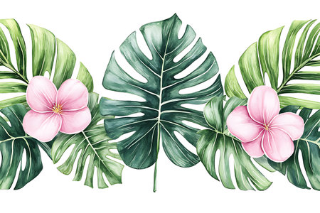 This beautiful illustration features tropical leaves and delicate pink flowers, creating a vibrant and fresh design perfect for summer themes and decorations.の写真素材