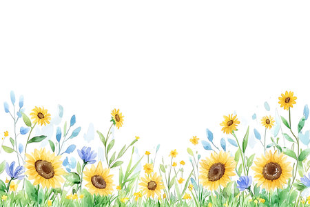 A beautiful watercolor illustration featuring sunflowers and wildflowers blooming against a clean white background. Ideal for nature-themed projects.の写真素材