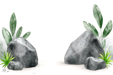 This watercolor illustration features smooth stones surrounded by lush green foliage, creating a serene and tranquil landscape perfect for various design projects.の写真素材