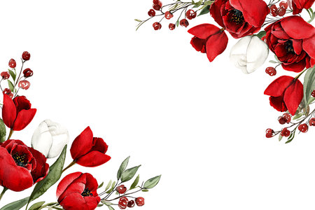 Beautiful watercolor illustration featuring an elegant arrangement of red flowers and delicate greenery. Perfect for spring decor or invitations.の写真素材