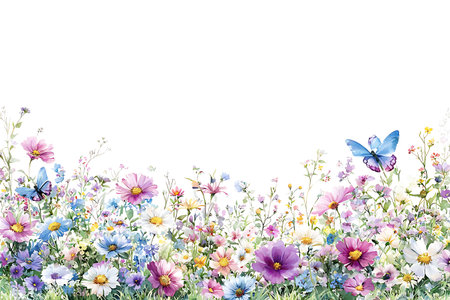 A breathtaking landscape showcasing a vibrant field of flowers and colorful butterflies against a pristine white background, perfect for spring and nature themes.の写真素材
