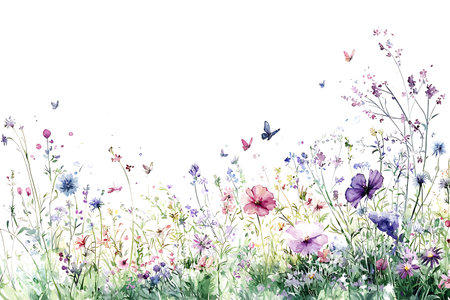 A beautiful watercolor illustration depicting a vibrant array of wildflowers and butterflies, perfect for nature-themed projects and decorations.の写真素材