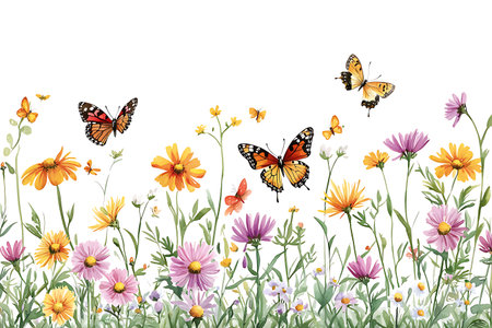 This charming illustration depicts colorful butterflies amidst a vibrant display of wildflowers, highlighting the beauty of nature in a fresh and joyful setting.の写真素材