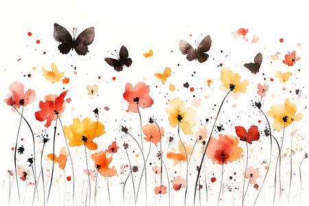 Vibrant watercolor illustration featuring delicate butterflies and flowers in shades of yellow, orange, and red. Perfect for nature-themed designs.の写真素材