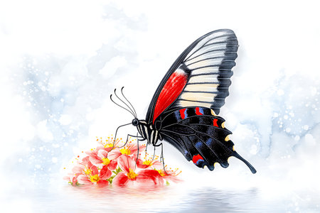 A stunning illustration of a colorful butterfly perched on soft pink flowers, surrounded by a dreamy background. Perfect for nature enthusiasts.の写真素材