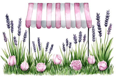 A whimsical illustration of a flower stand adorned with pink striped awnings and surrounded by lavender and pink roses, capturing the essence of spring.の写真素材