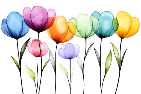 This vibrant illustration showcases an array of colorful flowers, blending artistic design with delicate beauty. Perfect for spring themes and floral projects.の写真素材