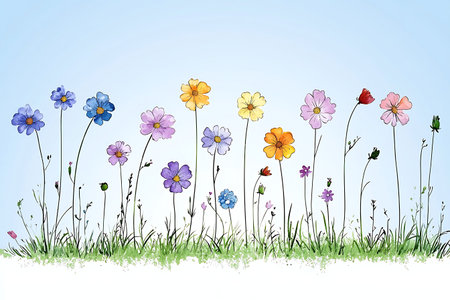 Bright watercolor flowers stand tall against a serene blue sky, creating a cheerful atmosphere. Perfect for nature and seasonal themes in artwork or designs.の写真素材