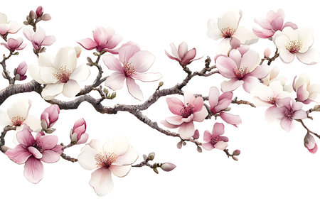A beautiful illustration of magnolia flowers in soft pink and white hues, elegantly arranged on a branch against a clean white background. Perfect for floral designs.の写真素材