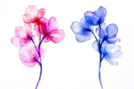 Beautifully illustrated watercolor flowers in gentle pink and blue, perfect for adding a touch of elegance and serenity to any design or decor.の写真素材