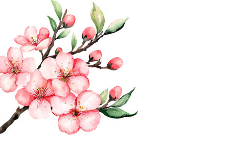 This stunning watercolor illustration features a cherry blossom branch adorned with soft pink flowers and lush green leaves, perfect for enhancing designs.の写真素材
